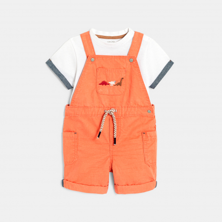Obaibi Salopette courte dinosaures et t-shirt maille piquΓ©e orange bΓ©bΓ© garΓ§on