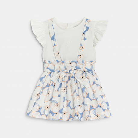 Obaibi Ensemble jupe fleurie a bretelles et t-shirt blanc bebe fille