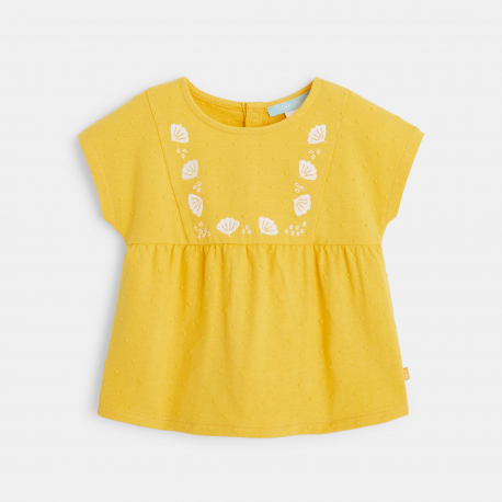 Obaibi T-shirt jersey et plumetis a coquillages brodes jaune bebe fille