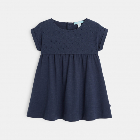 Obaibi Robe maille et broderie anglaise bleue bebe fille