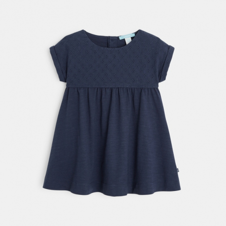 Obaibi Robe maille et broderie anglaise bleue bebe fille
