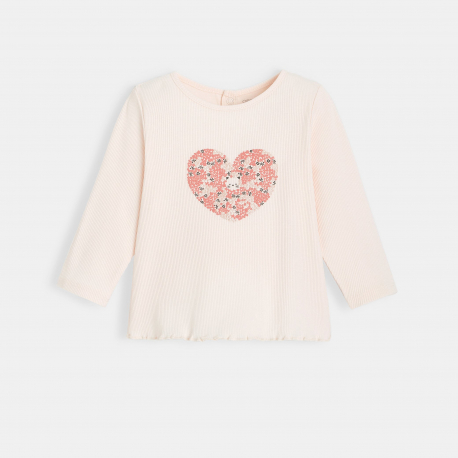 Obaibi T-shirt maille cotelee motif coeur rose bebe fille