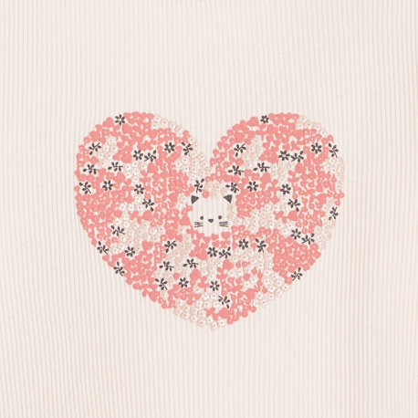 Obaibi T-shirt maille cotelee motif coeur rose bebe fille