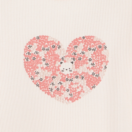 Obaibi T-shirt maille cotelee motif coeur rose bebe fille
