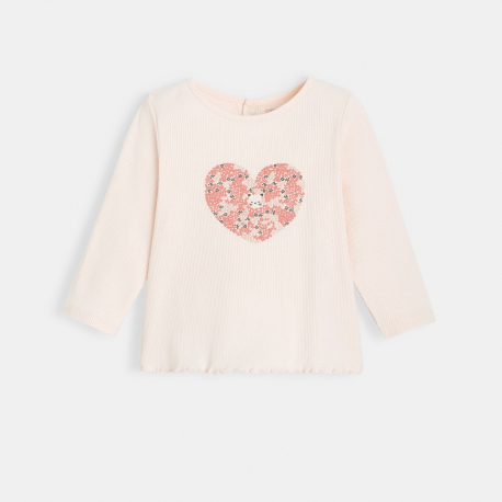 Obaibi T-shirt maille cotelee motif coeur rose bebe fille