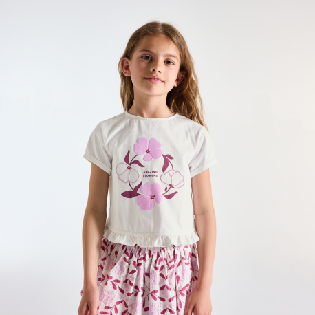 Okaidi T-shirt manches courtes a fleurs mauve Fille