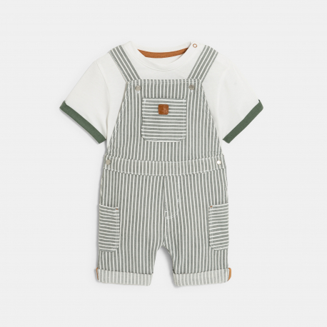 Obaibi Salopette rayee denim et t-shirt vert bebe garcon