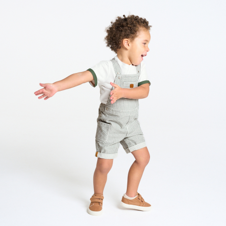Obaibi Salopette rayee denim et t-shirt vert bebe garcon