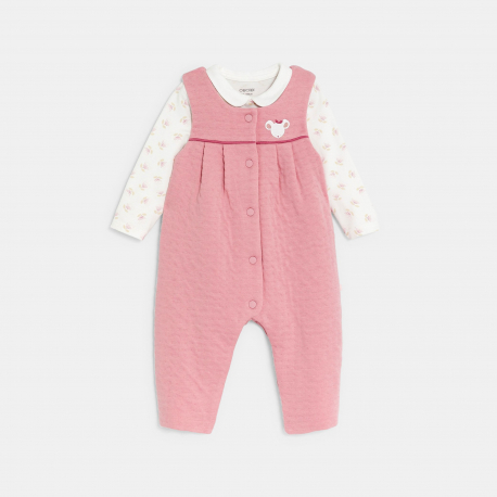 Obaibi Salopette maille souris et body fleuri rose naissance fille