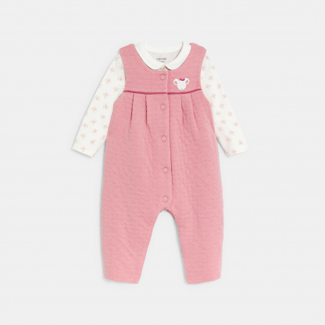 Obaibi Salopette maille souris et body fleuri rose naissance fille