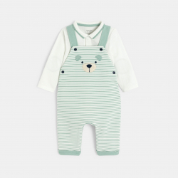 Obaibi Salopette longue coton fantaisie raye et body vert bebe garcon