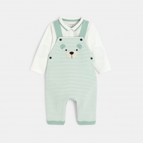 Obaibi Salopette longue coton fantaisie raye et body vert bebe garcon