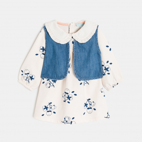 Obaibi Robe molleton leger et gilet denim blanc bebe fille