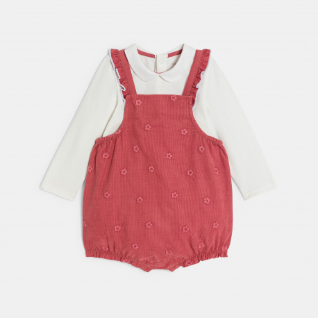 Obaibi Salopette courte velours brode et body rouge bebe fille
