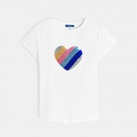 Okaidi T-shirt manches courtes a sequins magiques c?ur blanc Fille