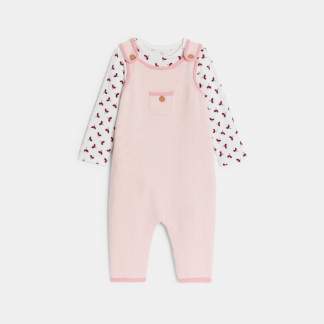 Obaibi Salopette longue maille tricot et body fleuri rose bebe fille