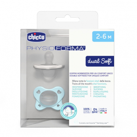 Πιπίλες Chicco όλο σιλικόνη PhysioForma® Dual Soft Σιέλ 2-6m, σετ των 2