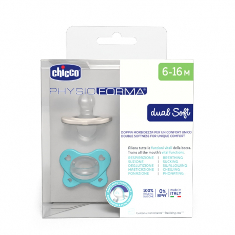 Πιπίλες Chicco όλο σιλικόνη PhysioForma® Dual Soft Σιέλ 6-16m, σετ των 2