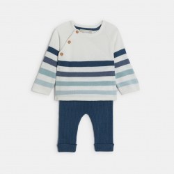 Obaibi Pull maille tricot raye et pantalon maille cotelee bleu bebe garcon
