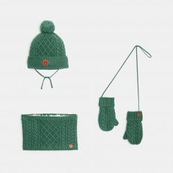 Obaibi Lot bonnet, snood et moufles en maille verte bebe garcon