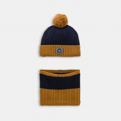 Okaidi Bonnet et snood maille tricot double bleu garcon
