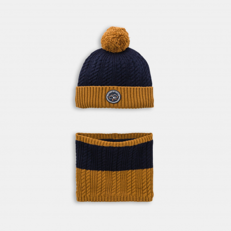 Okaidi Bonnet et snood maille tricot double bleu garcon