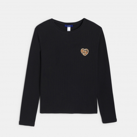 Okaidi Μπλούζα μακρυμάνικη με μοτίφ καρδιά λεοπάρ, μαύρη για κορίτσια