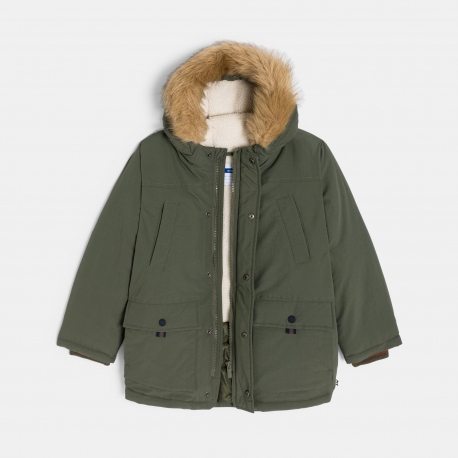 Okaidi Μπουφάν παρκά αδιάβροχο με επένδυση και κουκούλα χακί για αγόρια
