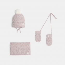 Obaibi Σετ από πλεκτό σκουφάκι, λαιμό και γαντάκια ροζ για μωρά κοριτσάκια
