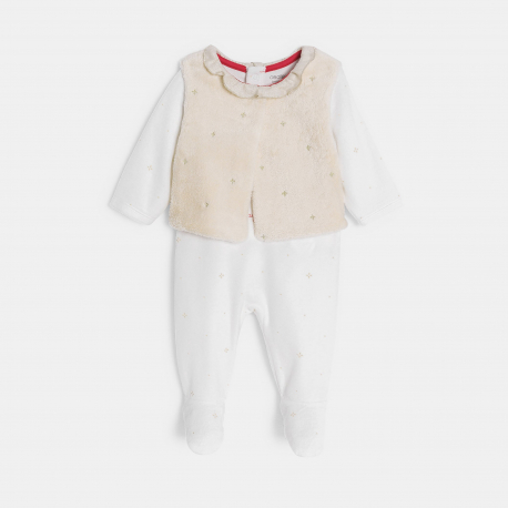 Obaibi Dors-bien velours blanc et gilet beige bebe fille