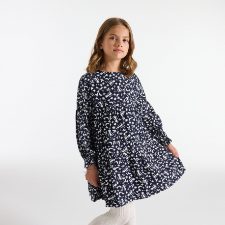 Okaidi Φόρεμα μακρυμάνικο με τυπωμένα σχέδια σε ναυτικό μπλε για κορίτσια