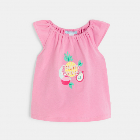 Obaibi T-shirt με ελαστική λαιμόκοψη φρούτα και ριγέ σορτς ροζ για μωρά κοριτσάκια