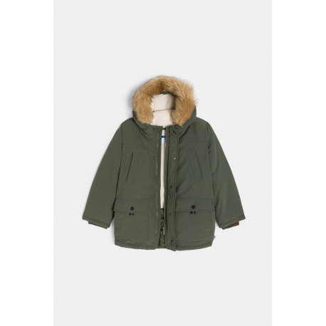 Okaidi Μπουφάν παρκά αδιάβροχο με επένδυση και κουκούλα χακί για αγόρια