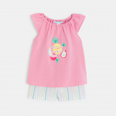Obaibi T-shirt με ελαστική λαιμόκοψη φρούτα και ριγέ σορτς ροζ για μωρά κοριτσάκια