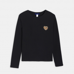 Okaidi Μπλούζα μακρυμάνικη με μοτίφ καρδιά λεοπάρ, μαύρη για κορίτσια