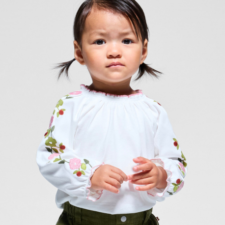 Obaibi Μπλούζα από χνουδωτό ύφασμα, με κέντημα, λευκή για μωρά κοριτσάκια