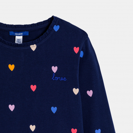 Okaidi Μπλούζα μακρυμάνικη με καρδούλες, μπλε για κορίτσια