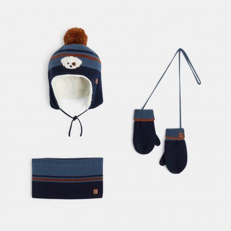 Obaibi Σετ από πλεκτό σκουφάκι, λαιμό και γαντάκια με σκύλο μπλε για μωρά αγοράκια