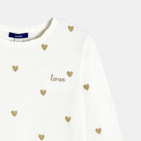 Okaidi Μπλούζα μακρυμάνικη με καρδούλες, λευκή για κορίτσια