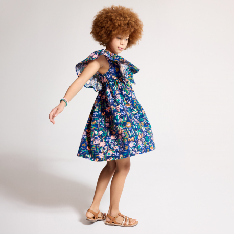 Okaidi Φόρεμα με τυπωμένα σχέδια με μανικάκια με βολάν μπλε για κορίτσια