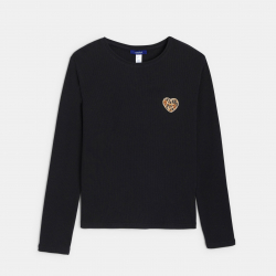 Okaidi Μπλούζα μακρυμάνικη με μοτίφ καρδιά λεοπάρ, μαύρη για κορίτσια