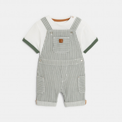 Obaibi Salopette rayee denim et t-shirt vert bebe garcon