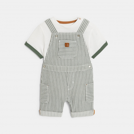Obaibi Salopette rayee denim et t-shirt vert bebe garcon