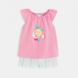Obaibi T-shirt με ελαστική λαιμόκοψη φρούτα και ριγέ σορτς ροζ για μωρά κοριτσάκια