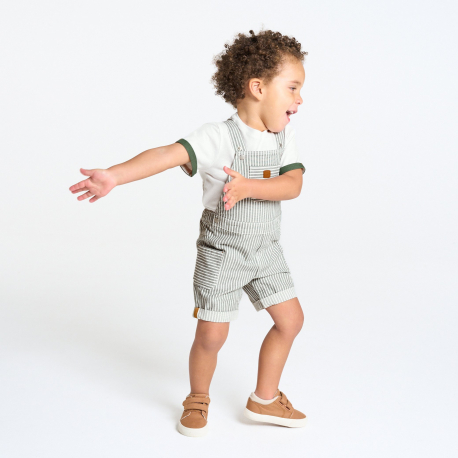 Obaibi Salopette rayee denim et t-shirt vert bebe garcon