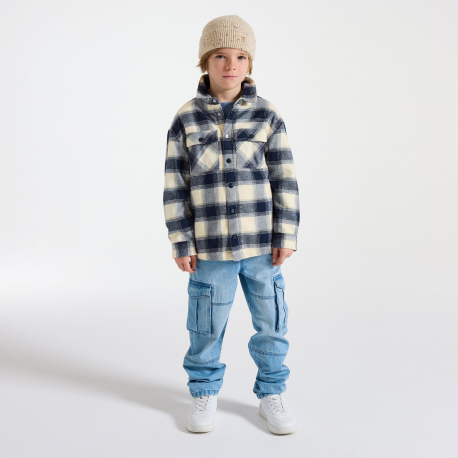 Okaidi Πουκάμισο μπουφάν καρό με εσωτερική επένδυση από φλις μπεζ για αγόρια