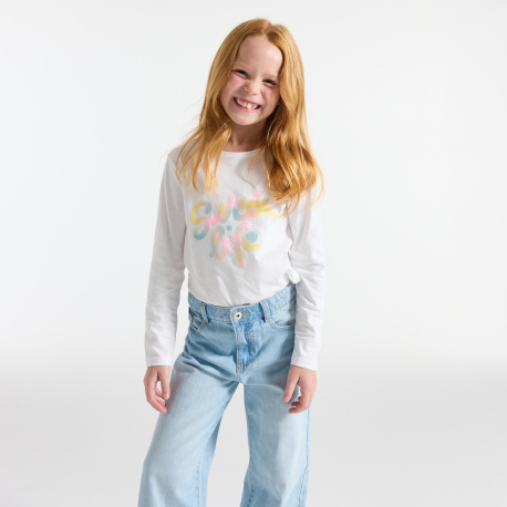 Okaidi Μπλούζα μακρυμάνικη με μήνυμα, λευκή, για κορίτσια