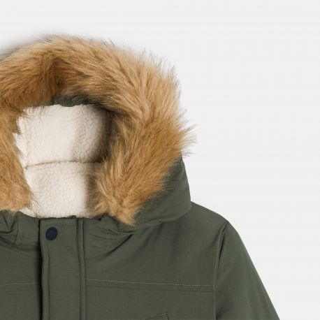 Okaidi Μπουφάν παρκά αδιάβροχο με επένδυση και κουκούλα χακί για αγόρια