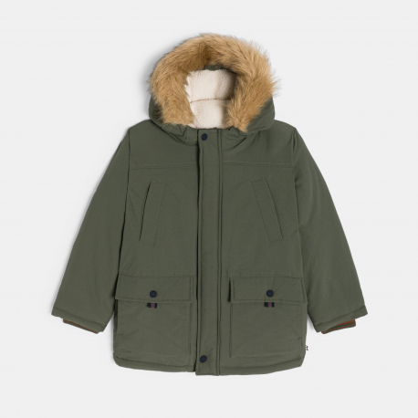 Okaidi Μπουφάν παρκά αδιάβροχο με επένδυση και κουκούλα χακί για αγόρια