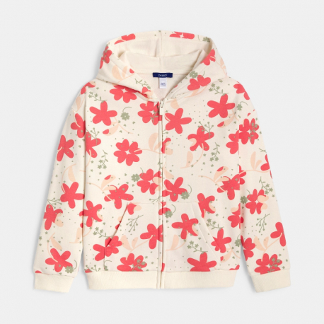 Okaidi Sweat zippe a capuche fleuri beige Fille